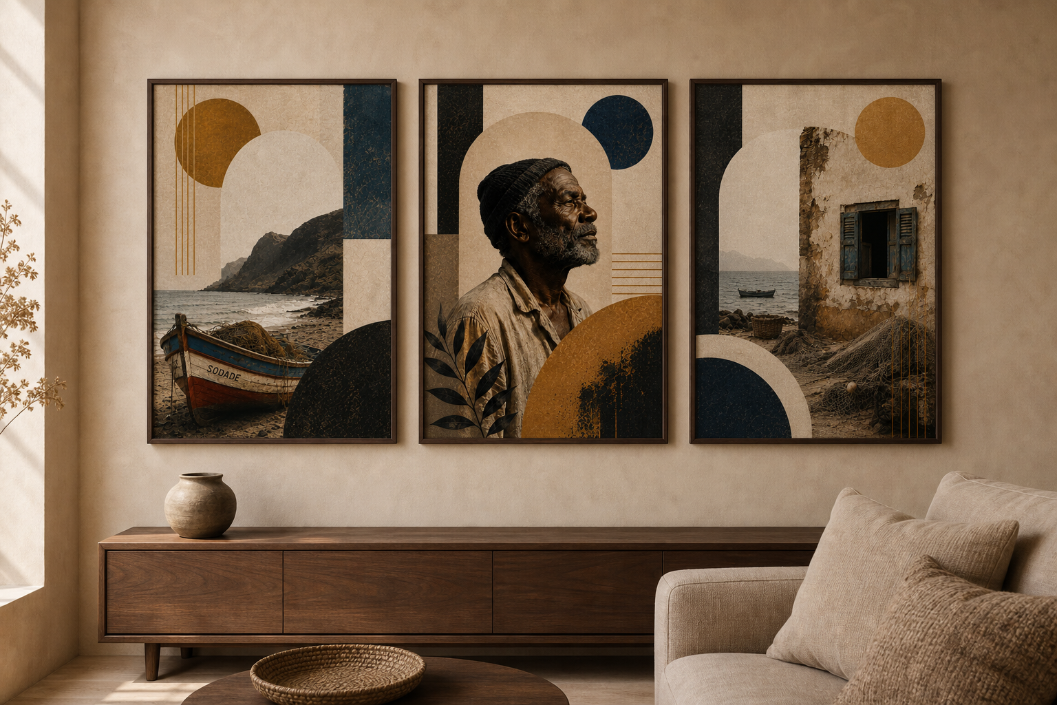 Cabo Verde Atlantic Soul framed triptych in a living room