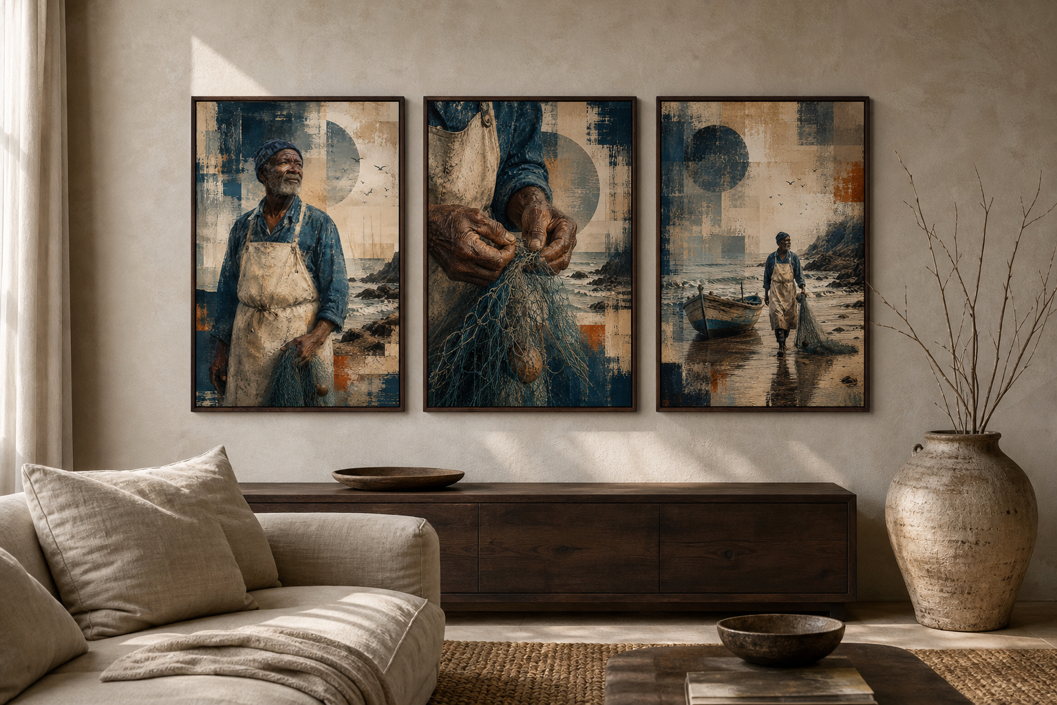 The Hands That Know the Sea Cape Verde triptych in a coastal living room