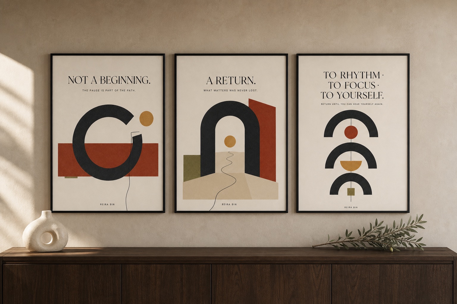 Not a Beginning A Return framed triptych in an interior