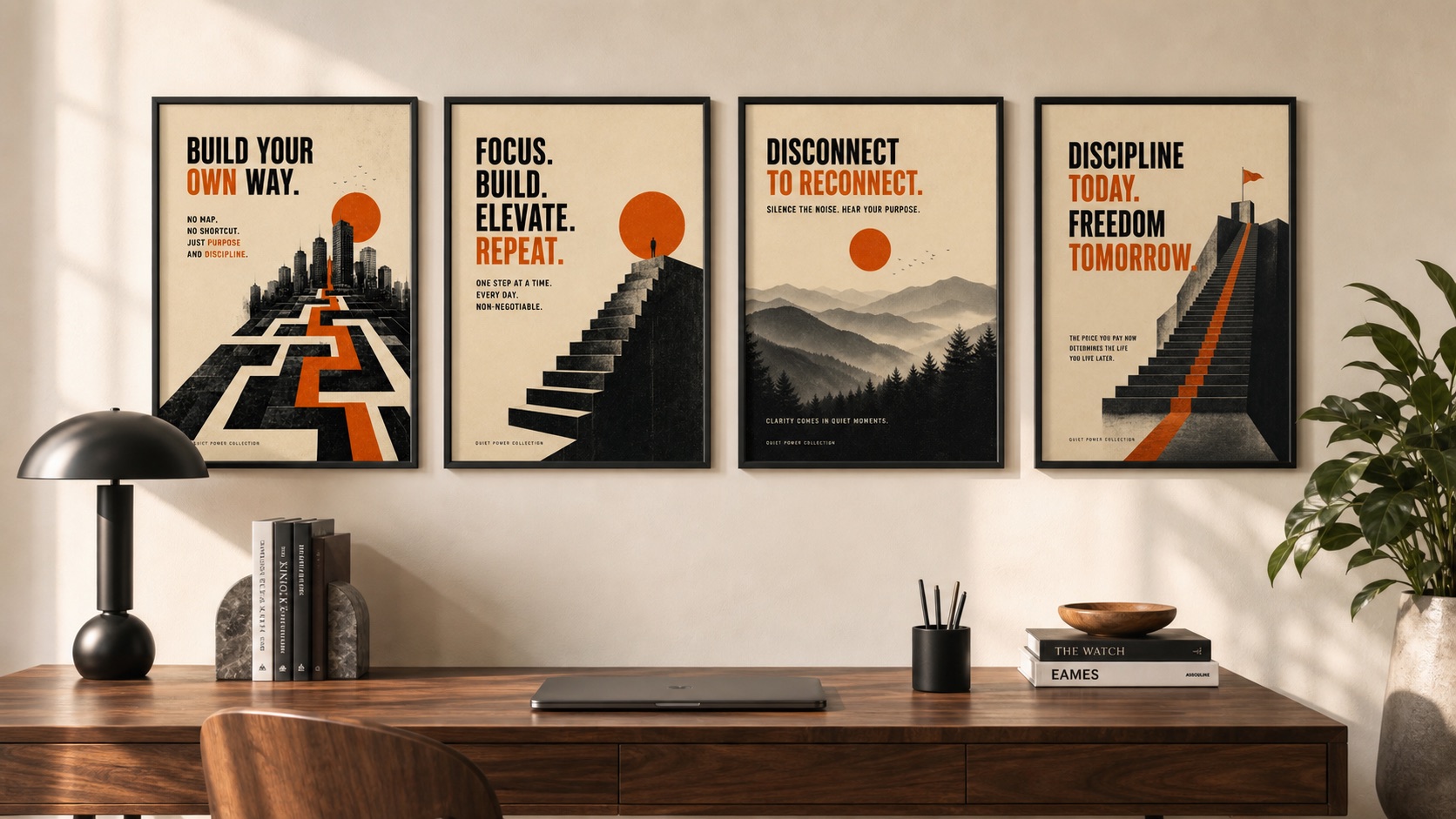 Quiet Power framed art collection in an office