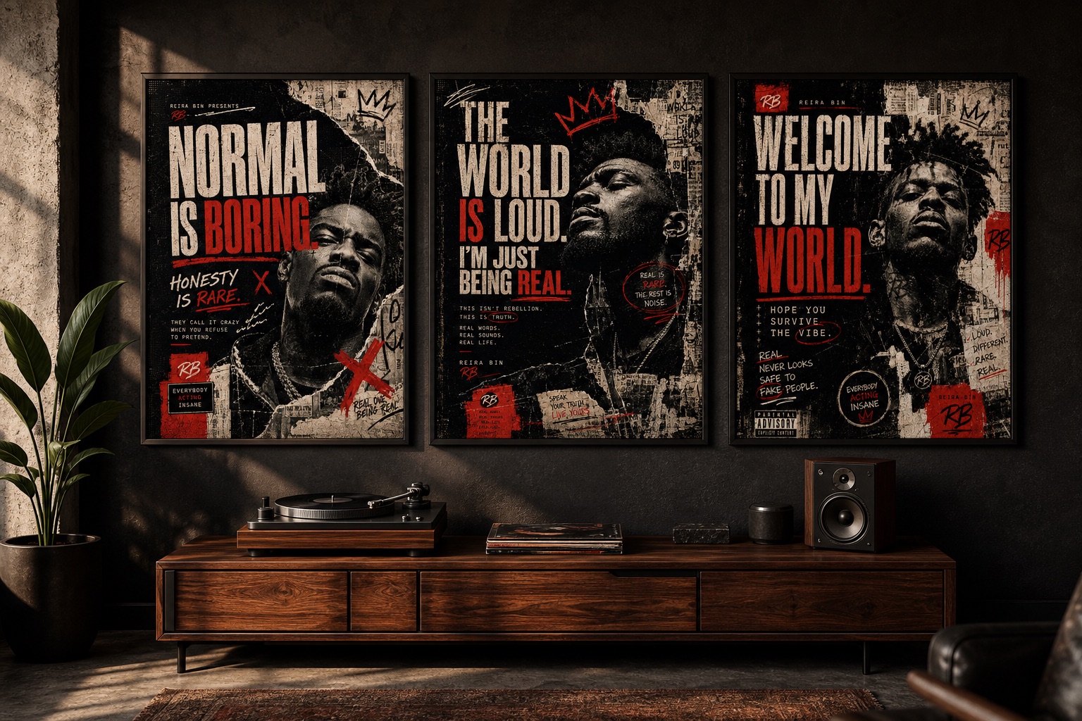 Street Narratives framed art collection in a creative loft