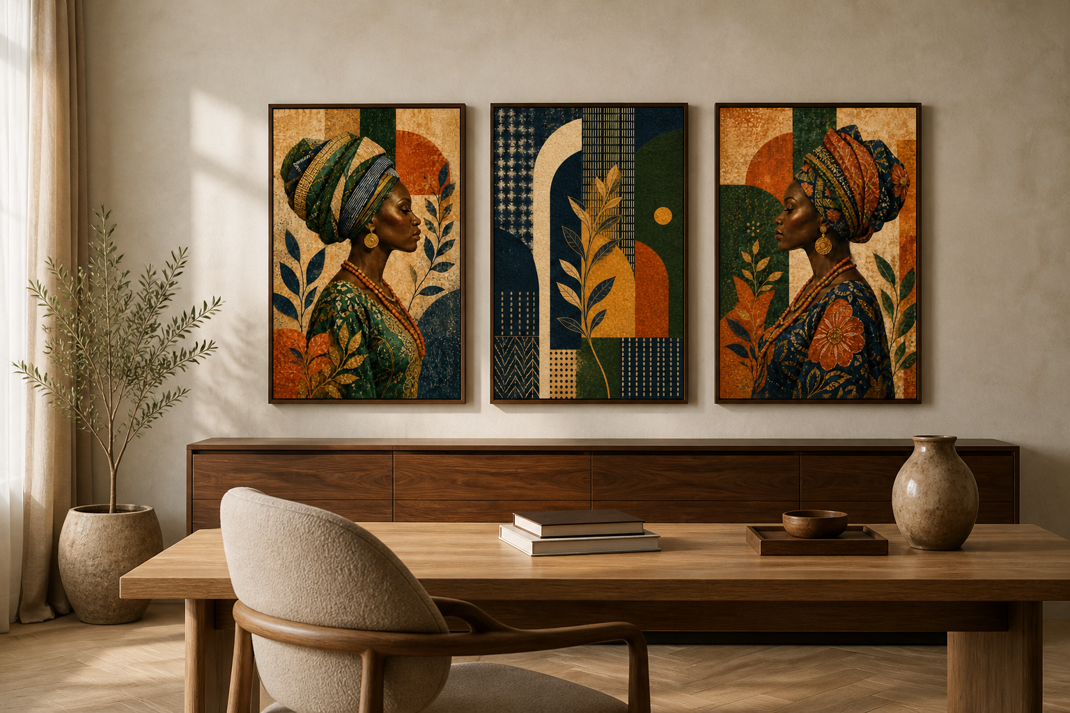 Nigeria Rooted in Heritage framed triptych in a home office