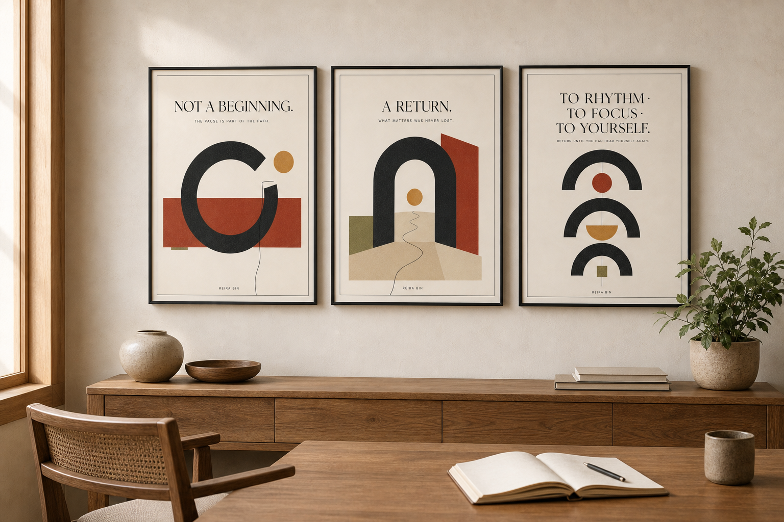 Not a Beginning. A Return. triptych displayed in a calm interior