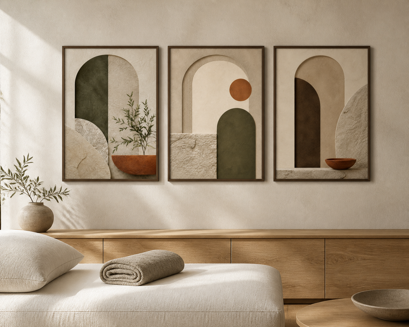 Where Stillness Lives framed triptych in a quiet interior