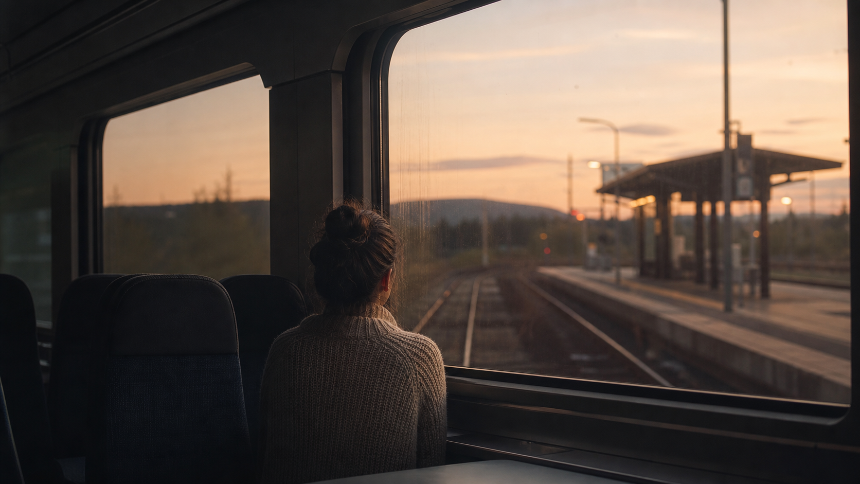 Uma pessoa sozinha num comboio quase vazio ao entardecer, olhando pela janela enquanto uma estação se aproxima