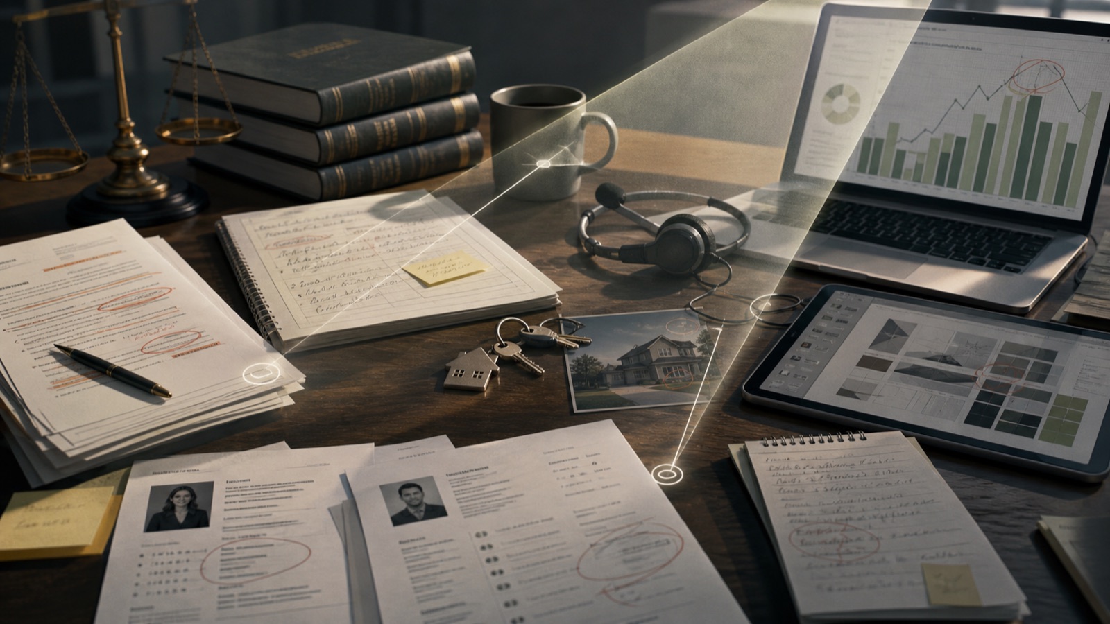 Documentos e ferramentas profissionais analisados por uma camada de luz analítica