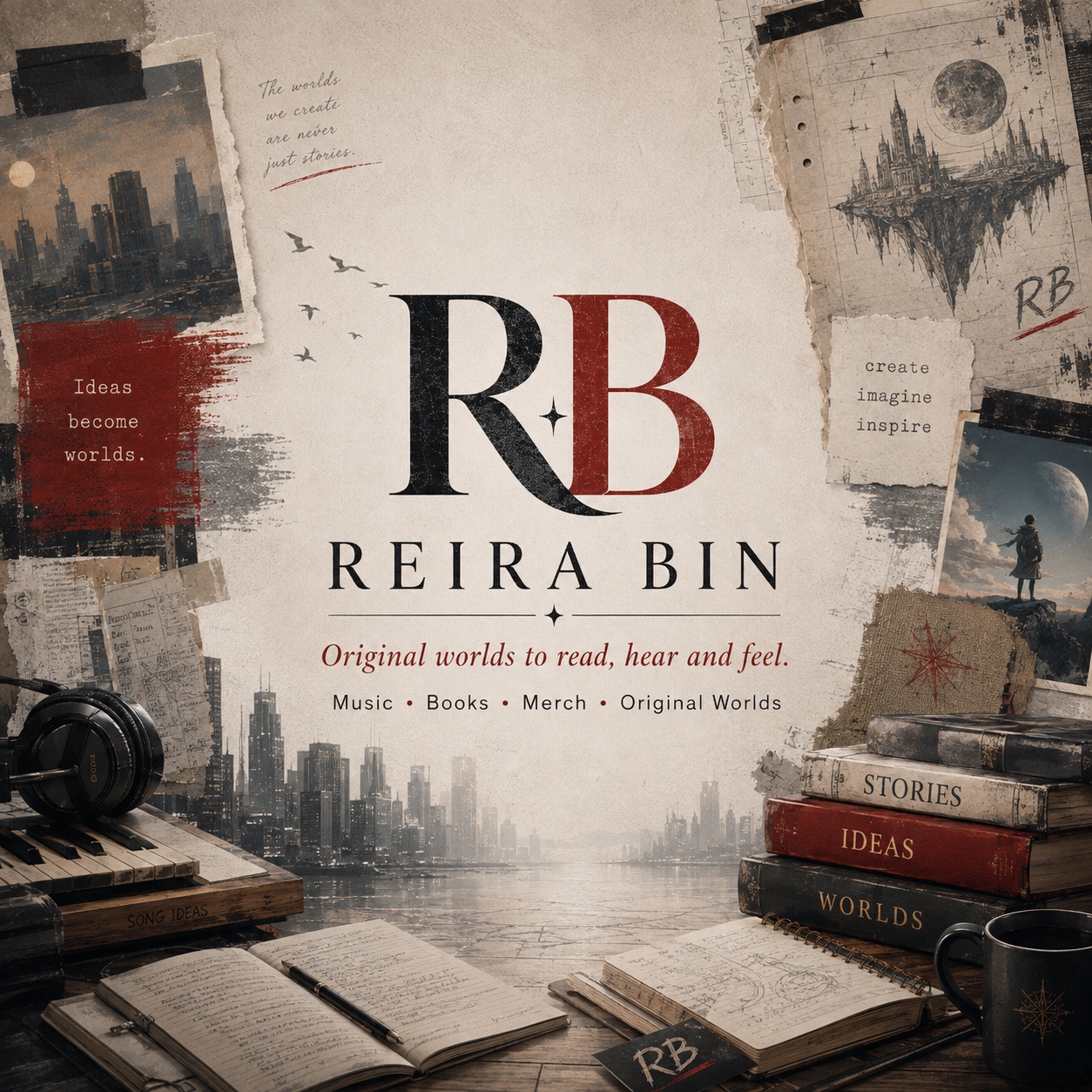Reira Bin creative studio collage combining books, music, cityscapes and imagined worlds